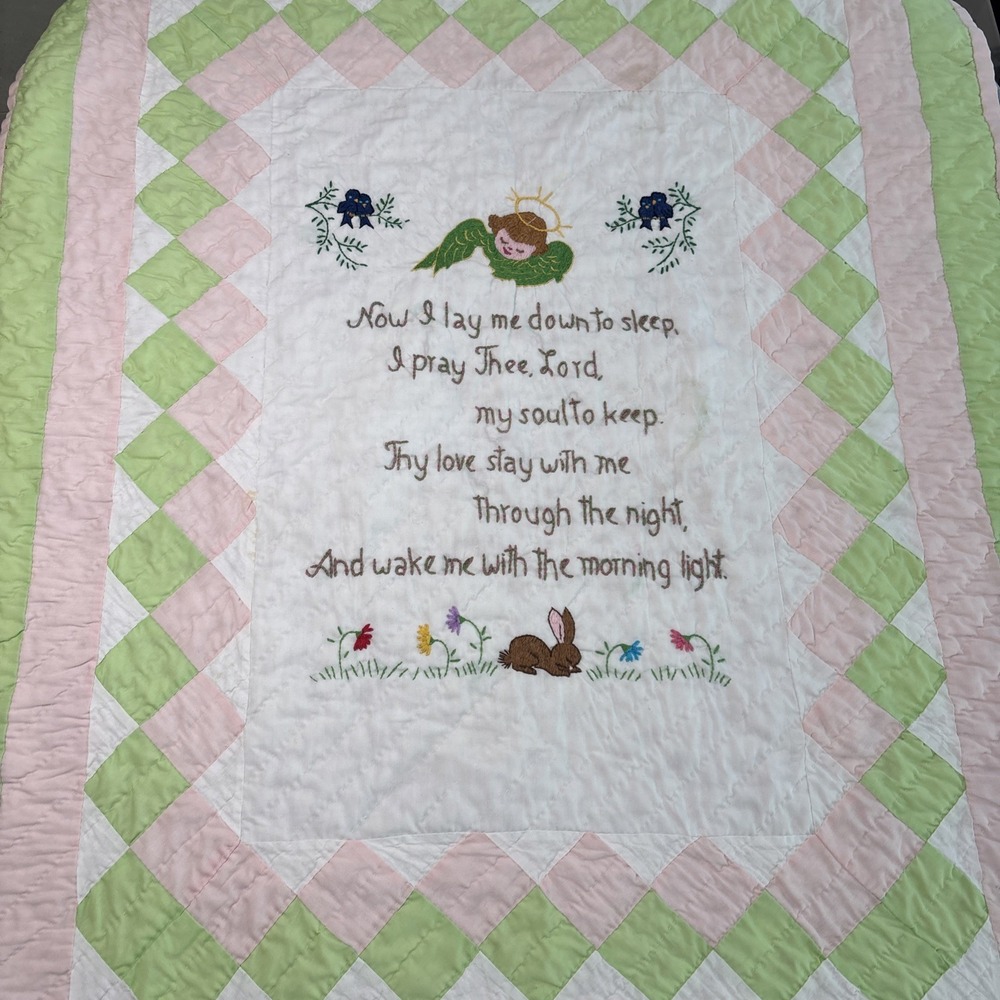 VTG Handmade Baby Quilt 37X 47" Embroidered "Now I Lay Me Down To Sleep" Prayer